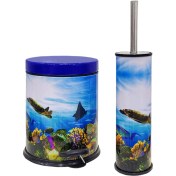 Resim Siliwax Okyanus Desen-2 Li Set Pedallı Yavaş Kapanır Çöp Kovası ve Wc Klozet Fırça Seti 