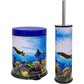 Resim Siliwax Okyanus Desen-2 Li Set Pedallı Yavaş Kapanır Çöp Kovası ve Wc Klozet Fırça Seti 