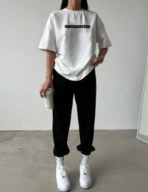 Resim CLAYES Thatssofetch Beyaz T-shirt Siyah Eşofman Altı Jogger - Baskılı Alt Üst Takım Bisiklet Yaka 