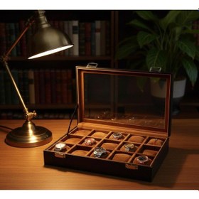 Resim Lüks 15 Yuvalı Lüks Deri Cam Kapaklı Şık Tasarıma Sahip Saat Saklama Kutusu Ebat 34x24x8 Cm Taba 