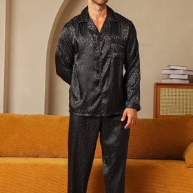 Resim Uzun Kollu, Trend Leopar Desenli Jakarlı Kumaştan Erkek Pijama Takımı (Bahar ve Yaz için) - Dışarıda Giyilebilen Ev Kıyafeti 