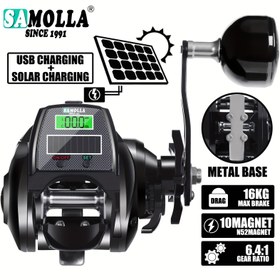 Resim Samolla'S Yeni Büyük Geniş Vücutlu Dijital Ekran Deniz Balıkçılığı, Plaj Balıkçılığı İçin Su Damlası Makarası, USB ve Güneş Enerjili Metal Tabanlı, 6.4:1 Dişli Oranı ve 16Kg Kapasite ile. 