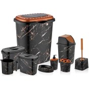 Resim abnturk Siyah Mermer Desen 9 Parça Banyo Çamaşır Seti Kirli Sepeti+Deterjanlık Wc Fırçası Diğerleriyle Full 