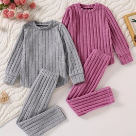 Resim 4 Parça Kız Çocukları İçin İlkbahar/Sonbahar Yuvarlak Yaka Uzun Kollu Düz Renk Sweatshirt ve Günlük Pantolon Seti 