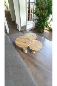 Resim Simillo Home&Living Wood Wooden Ahşap 3’lü Set Fitilli Mantar Yan Sehpa Modern Naturel Renk Fiskos 