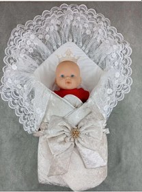 Resim Yenidoğan Saray Kadife Taç Nakışlı İnci Fiyonklu Çift Dantel Duvak Trilüks Kundak Bebek Battaniyesi Vizon-ekru Çok Renkli 