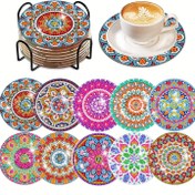 Resim 10 Adet DIY Elmas Boyama Bardak Altlığı Seti Standlı - Yuvarlak Taş Sanatı, Çiçek Deseni, Yetişkinler & Başlangıçlar İçin El Sanatları Kiti, Yaratıcı Hediye Fikri 