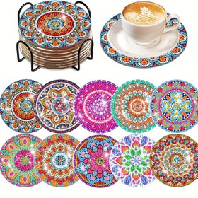 Resim 10 Adet DIY Elmas Boyama Bardak Altlığı Seti Standlı - Yuvarlak Taş Sanatı, Çiçek Deseni, Yetişkinler & Başlangıçlar İçin El Sanatları Kiti, Yaratıcı Hediye Fikri 
