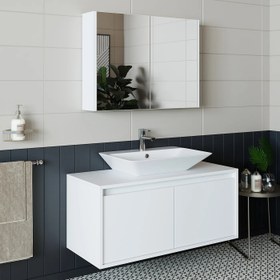 Resim Roomart Banos Banyo Lavabolu Mat Beyaz Mdf 100cm Banyo Dolap+aynalı Banyo Üst Dolap 