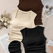 Resim 3 Parça Kadınlar İçin Dar Kesim Kare Yaka Yüksek Esneklikli Moda Yelek Seti 
