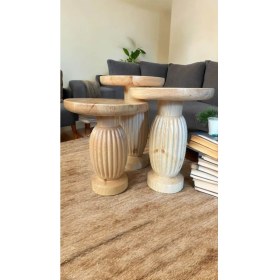 Resim Wood Wooden Ahşap 3lü Set Fitilli Mantar Yan Sehpa Modern Naturel Renk Fiskos 