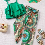Resim Kızlar için Düz Renk Üst, İnce Omuz Askılı ve Fiyonk Süslemeli ve Mandala Baskılı Geniş Paça Pantolon, Parti ve Tatil Trendi Rahat Moda Yeni Yaz 2'li Takım 