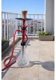 Resim Lüks Cam Nargile Takımı 60 Cm Kırmızı Metal Gövde, Şeffaf Cam Taban 16 Cm, Bahçe Balkon Teras Kullanımına Uygun 