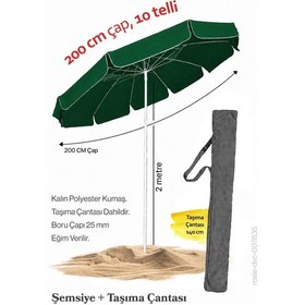 Resim Yeşil Renkli 200 Cm Çap Ve 10 Telli Plaj Şemsiyesi + Şemsiye Kılıfı, Bidonsuz 