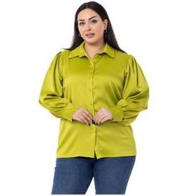 Resim Büyük Beden Manşeti Ve Kol Tepesi Büzgülü Saten Fıstık Yeşili Gömlek-fıstık Yeşili Fıstık Yeşili 