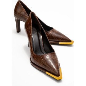 Resim Lıora Kahverengi Baskı Altın Detaylı Kadın Blok Topuklu Topuklu Ayakkabı Kahverengi 