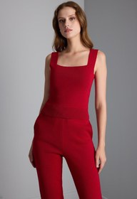 Resim Kare Yaka Kırmızı Triko Crop Top - Kırmızı / S 