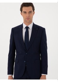 Resim Cacharel Koyu Lacivert Slim Fit Çizgili Kırlangıç Yaka Yün Takım Elbise 