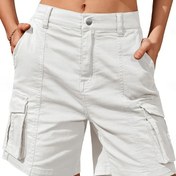 Resim Kadınlar için Yüksek Bel Kargo Şortları - Hafif Polyester, Cepli Günlük Tarz, Düğme Kapama, İlkbahar/Yaz/Sonbahar için Mükemmel - Beyaz, Yüksek Bel Şortlar 