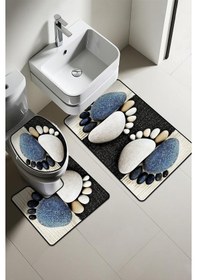 Resim Modern Desenli Dijital Baskı 3 Lü Banyo Paspas Takımı Yıkanabilir Kaymaz Tabanlı Klozet Takımı Klz0054 Renkli 