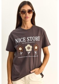 Resim Shade Kadın Nice Story Yazı Ve Nakış Detaylı Relaxed Fit T-shirt 7635 60286116 - Kahverengi 