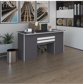 Resim Kenzlife Ofis Masası Pat Morita Gri 75 160 80 Kilitli Kapaklı Dolap Çiftli Şeritli Bilgisayar Çalışma Masası 