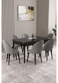 Resim Milas Siyah Mermer Desen 80x132 Mdf Açılabilir Yemek Masası Takımı 6 Adet Sandalye Gri 