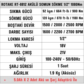 Resim Rotake RT-8812 Akülü Somun Sökme 1/2'' 1080NM 