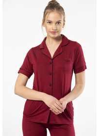 Resim Türen 3368 Kadın Kısa Kollu Gömlek Yaka Pijama Takım-bordo Bordo 