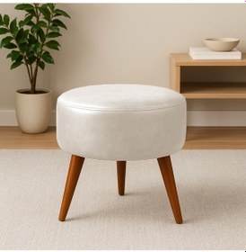 Resim Krem Deri Puf Demonte Ayaklı Modern Oturma Ve Dekoratif Sehpa KREM 