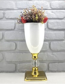 Resim Modern Dekoratif Kristal Taşlı Gold Kare Ayaklı Taşlı Beyaz Vazo Altın - Beyaz 