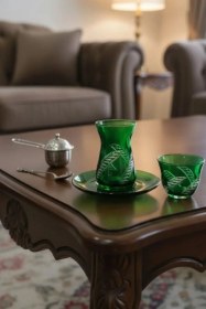 Resim Renkli 18 Parça Çay Takımı Cam Bardak & Tabak Enerjik Misafirlik & Günlük Kullanım Yeşil 