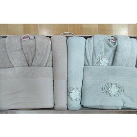 Resim Hobby Line %100 Saf Pamuk Aile Bornoz Seti-su Yeşili K.bej 