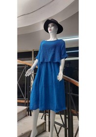 Resim Eren Style İtalyan Müslin Keteni Üstü File Bluzlu Astarlı Tek Parça Elbise Saks Mavisi 