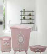 Resim Teksev Lisa Pudra 3'lü Kadife Çeyizlik Dantelli Banyo Kirli Çamaşır Sepeti Seti | Banyo Seti 