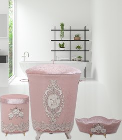 Resim Teksev Lisa Pudra 3'lü Kadife Çeyizlik Dantelli Banyo Kirli Çamaşır Sepeti Seti | Banyo Seti 
