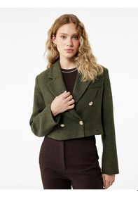 Resim Koton Uzun Kollu Kruvaze Tüvit Crop Blazer Ceket Haki Desenli 6wak50011uw Haki Desenli 