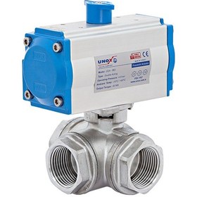 Resim Unox 3/4" (DN20) Çift Etkili Pnömatik Aktüatörlü Paslanmaz 3 Yollu T Port Dişli Küresel Vana 