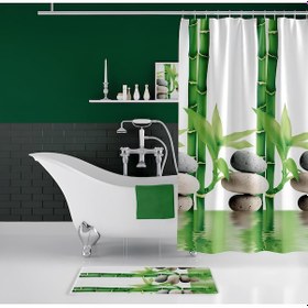 Resim Banyo Paspas Ve Tek Kanat Duş Perdesi 1x180x200 Set Banyo Halısı 10056 Yeşil 