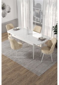 Resim Canisa Concept Kor Serisi, 70x114 Açılabilir Beyaz Yemek Masası Takımı,4 Krem Sandalye Masa Beyaz Sandalyeler Krem 