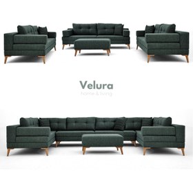 Resim Velura Home & Living Zeri 3+3+3 Yataklı Puzzle Modüler U Köşe Koltuk Takımı & Puflu Köşe Takımı - Koyu Yeşil 125 