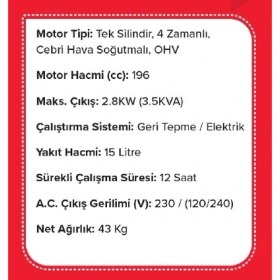 Resim Wonder Benzinli Jeneratör, 3.5 Kw / 2.8 Kva, Monofaze, WBJ2800M 