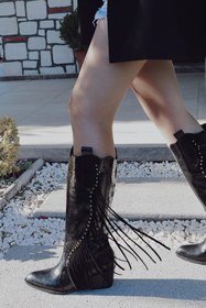 Resim POLKA STORE Tassel Püskül Detaylı Troklu Uzun Diz Altı Western Kadın Kovboy Çizme 