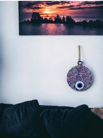 Resim Mandala Desen Mavi Mor Nazar Boncuklu Füzyon Cam El İşçiliği 12 Cm Duvar Süsü Nazarlık Hediyelik Eşya 