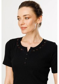 Resim Desen Triko Kadın Açma Yaka Boncuk İşlemeli T-shirt 24754 Siyah Siyah 