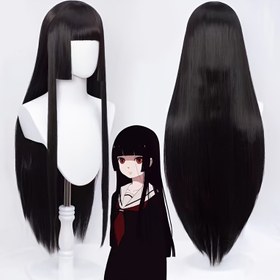 Resim Anime Cosplay Peruk Unisex - Isıya Dayanıklı Düz Uzun Siyah Saç, Prenses Kesimi, Kakegurui'den Yumeko Jabami'den İlham Alan, Partiler ve Günlük Kullanım İçin Ayarlanabilir Şapka 