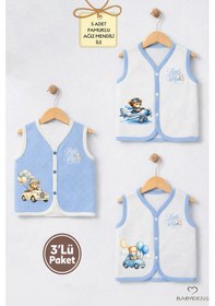 Resim Babyden's Erkek Bebek 3 Lü Jakarlı Yelek Set Çıtçıtlı Bebek Yeleği Ayıcık Baskılı,pamuklu,yenidoğan Yelek Seti Ekru - Mavi 