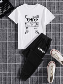 Resim Tokyo Beyaz T-shirt Siyah Eşofman Altı Jogger - Baskılı Alt Üst Eşofman Takım Oversize Bisiklet Yak Beyaz Siyah 