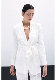 Resim Sateen Bağlamalı Jakarlı Ceket - Ekru-135781 Ekru 
