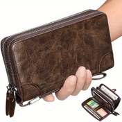 Resim Erkekler için Vintage Kompakt Boy Cüzdan, Çift Fermuarlı, Kartlık & Telefon Cebi - Kahverengi İş Stili Günlük Kullanım, Seyahat ve Profesyonel Kullanım İçin El Çantası 